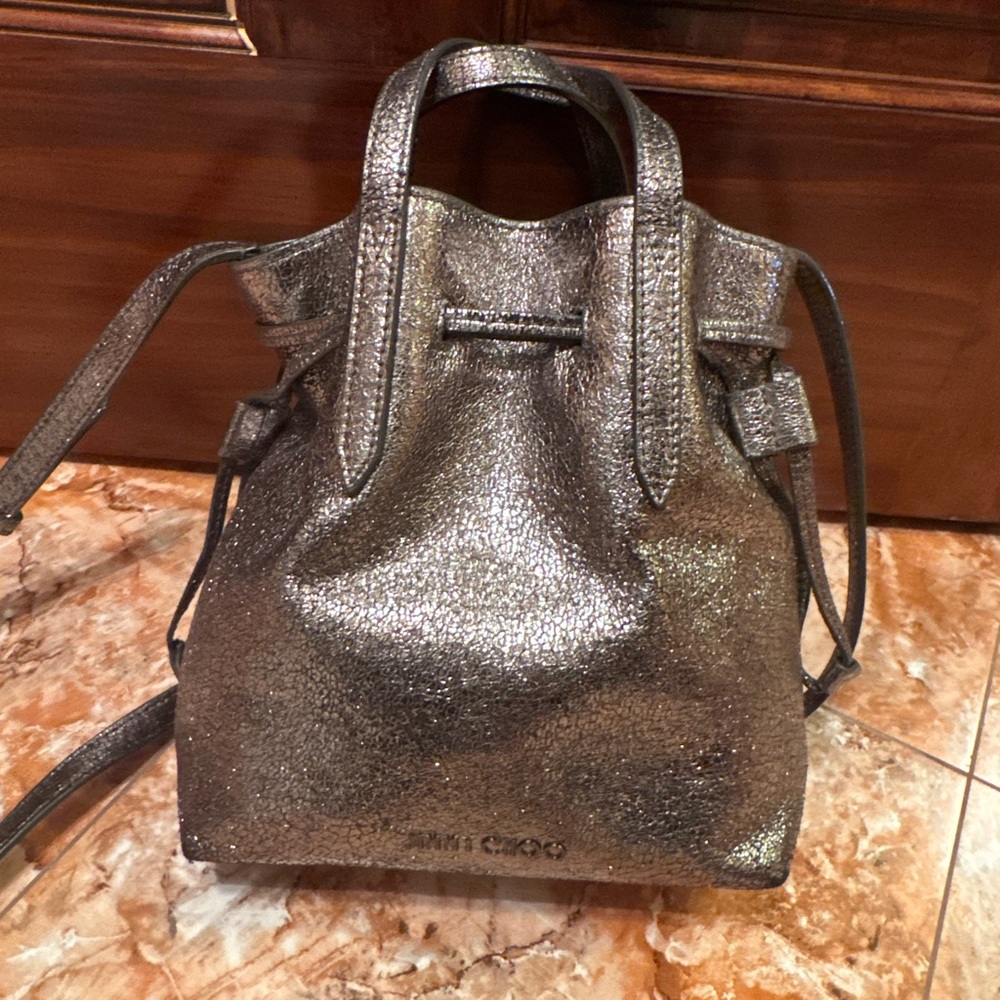 Jimmy Choo Barra Tote Shimmering Silver Bucket Bag Metallic Calfskin Leather